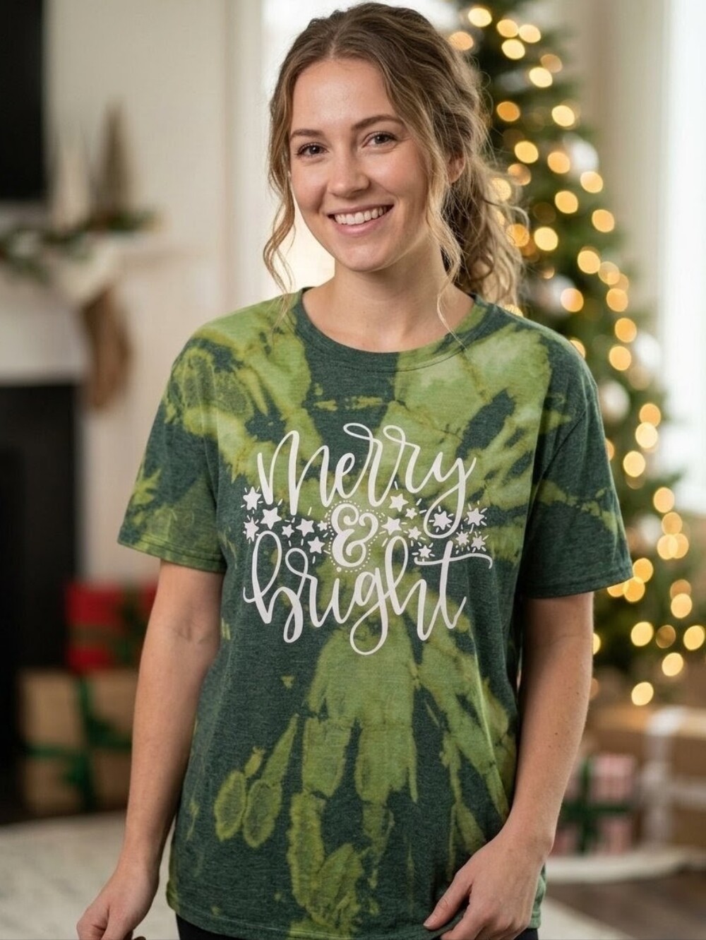 Holiday Graphic Tee Merry and Bright Green Acid Wash Tie Dye Short Sleeve Tee XL
